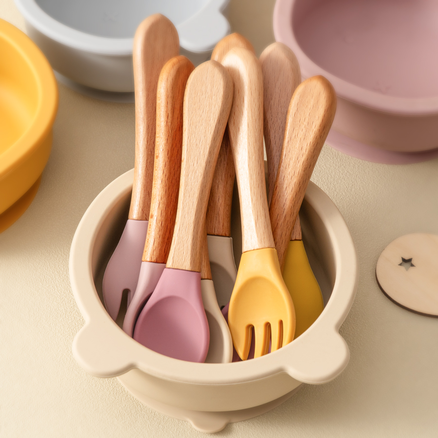 Baby Kitchen Food - Mamaplan Silicone Baby Spoon Fork Wooden